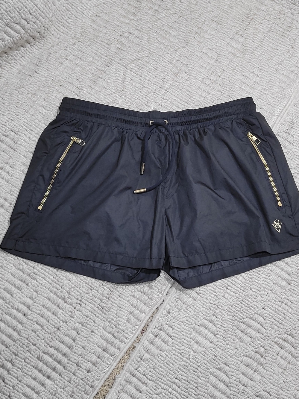 Men's Navy Swim Trunks with Gold Zipper Accents